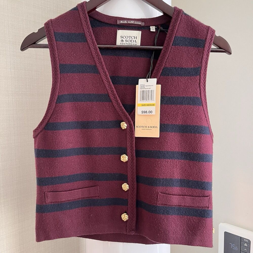 NWT Scotch & Soda Burgundy Navy Striped Knit Sweater Vest Gold Buttons Women M